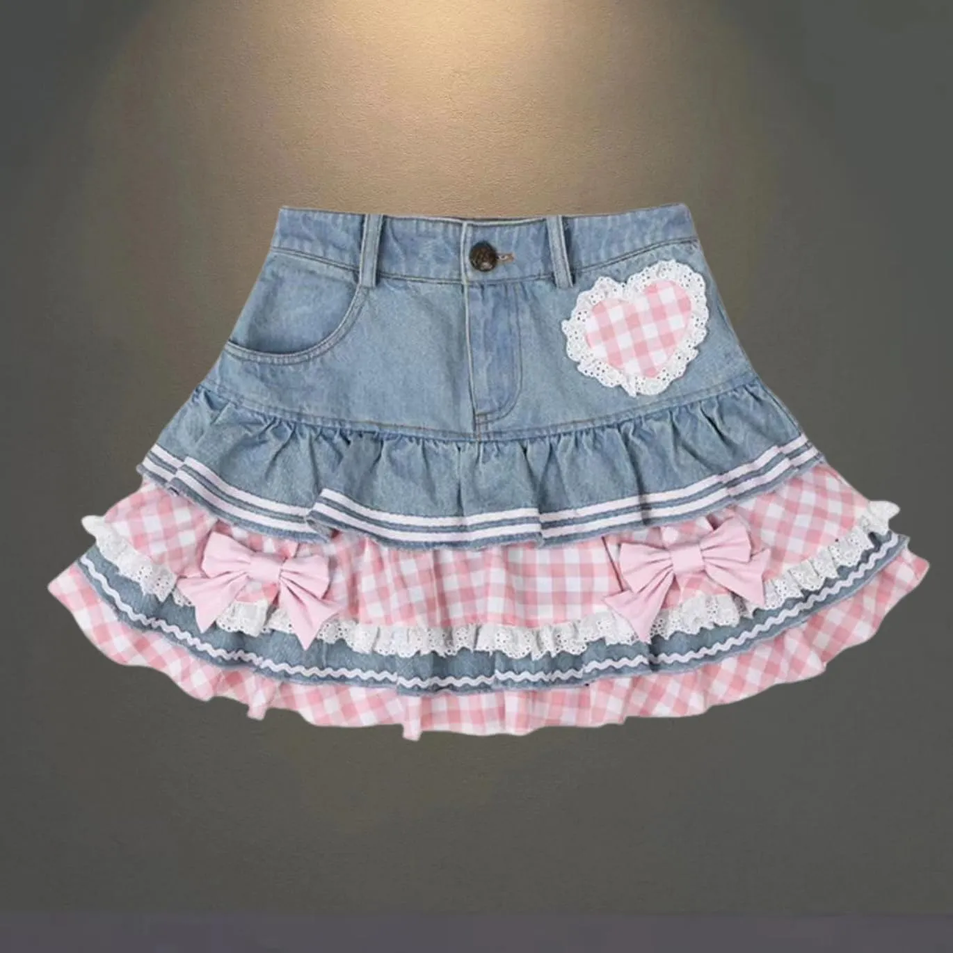 Women Layered Mini Denim Skirt Bow Lace Heart Plaid Ruffle Y2K Jean Skirt Preppy E Girl Cute Sweet Lolita Style with Pocket