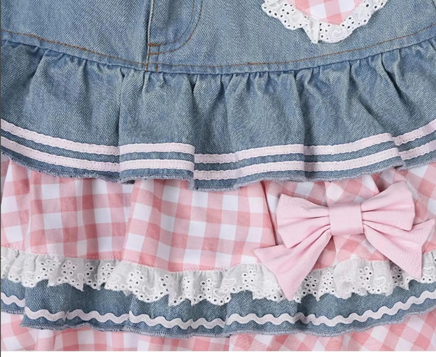 Women Layered Mini Denim Skirt Bow Lace Heart Plaid Ruffle Y2K Jean Skirt Preppy E Girl Cute Sweet Lolita Style with Pocket