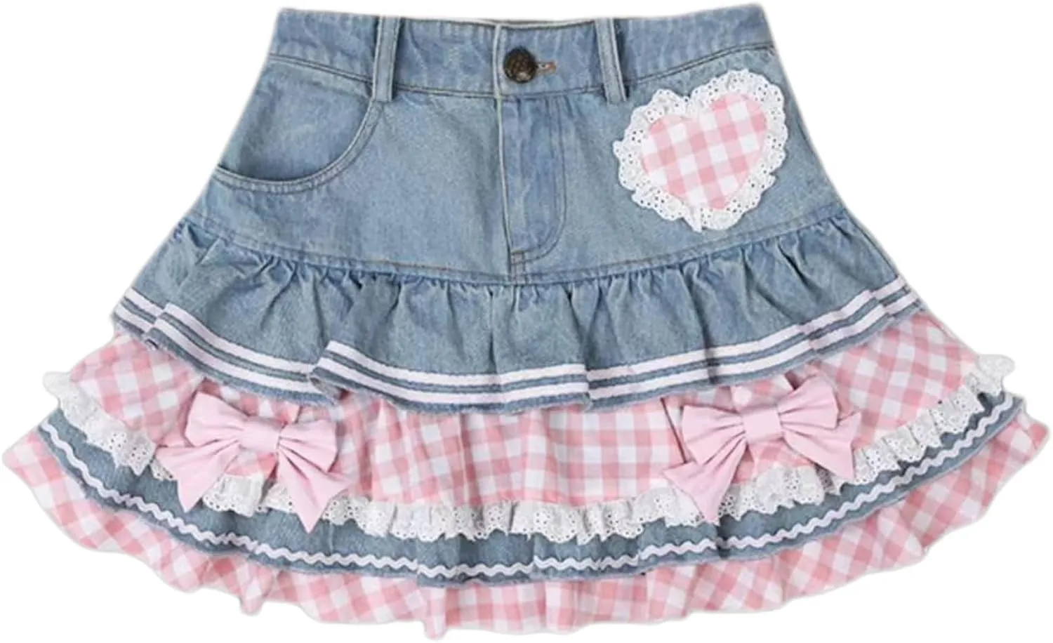 Women Layered Mini Denim Skirt Bow Lace Heart Plaid Ruffle Y2K Jean Skirt Preppy E Girl Cute Sweet Lolita Style with Pocket