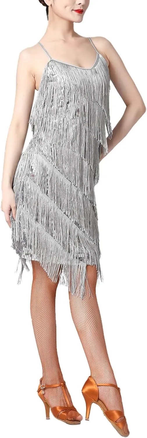 Women Salsa Latin Dance Dress Sequin Tassel Fringe Flapper Dress 1920s Gatsby Cocktail Dress Tango Ballroom Dancing Costume