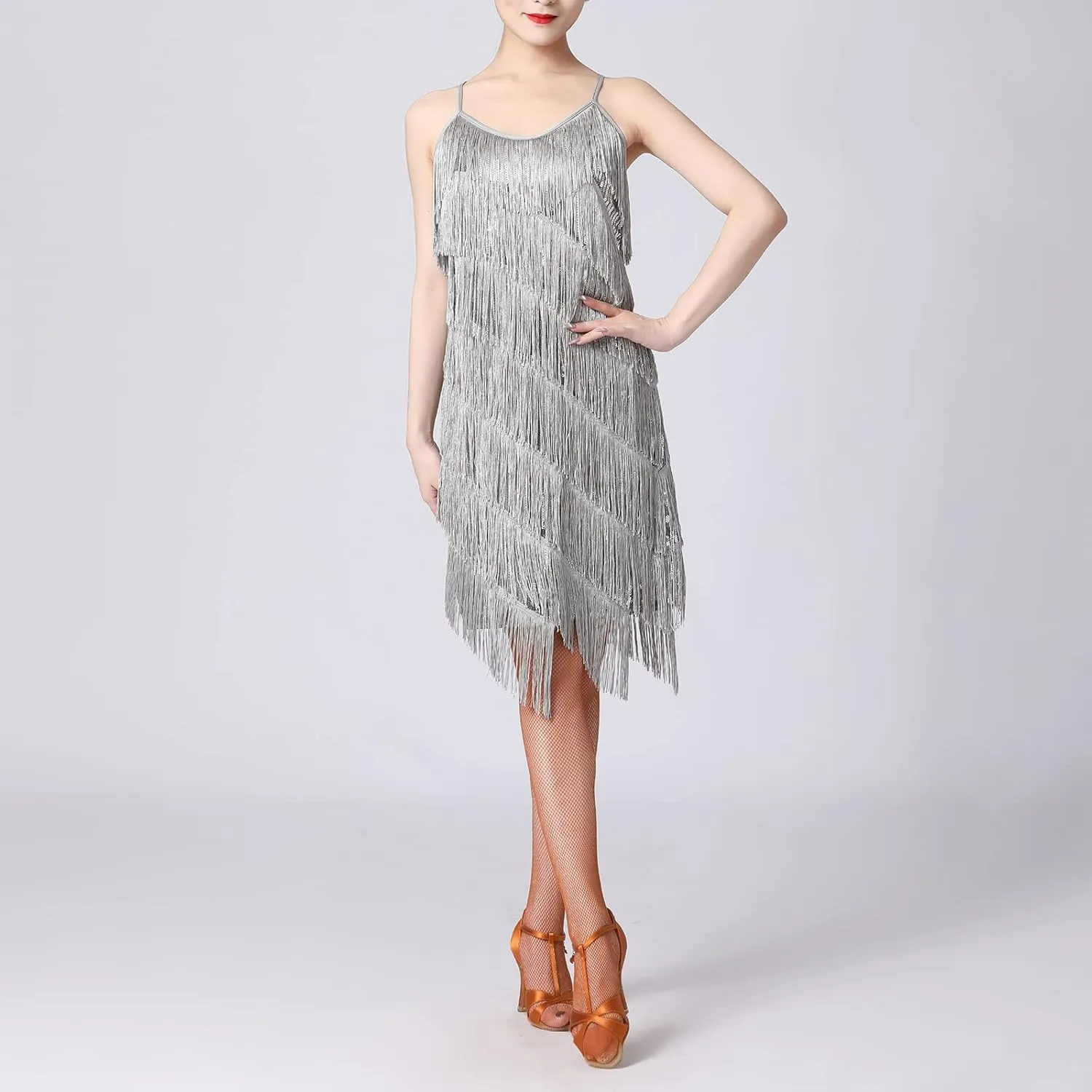 Women Salsa Latin Dance Dress Sequin Tassel Fringe Flapper Dress 1920s Gatsby Cocktail Dress Tango Ballroom Dancing Costume