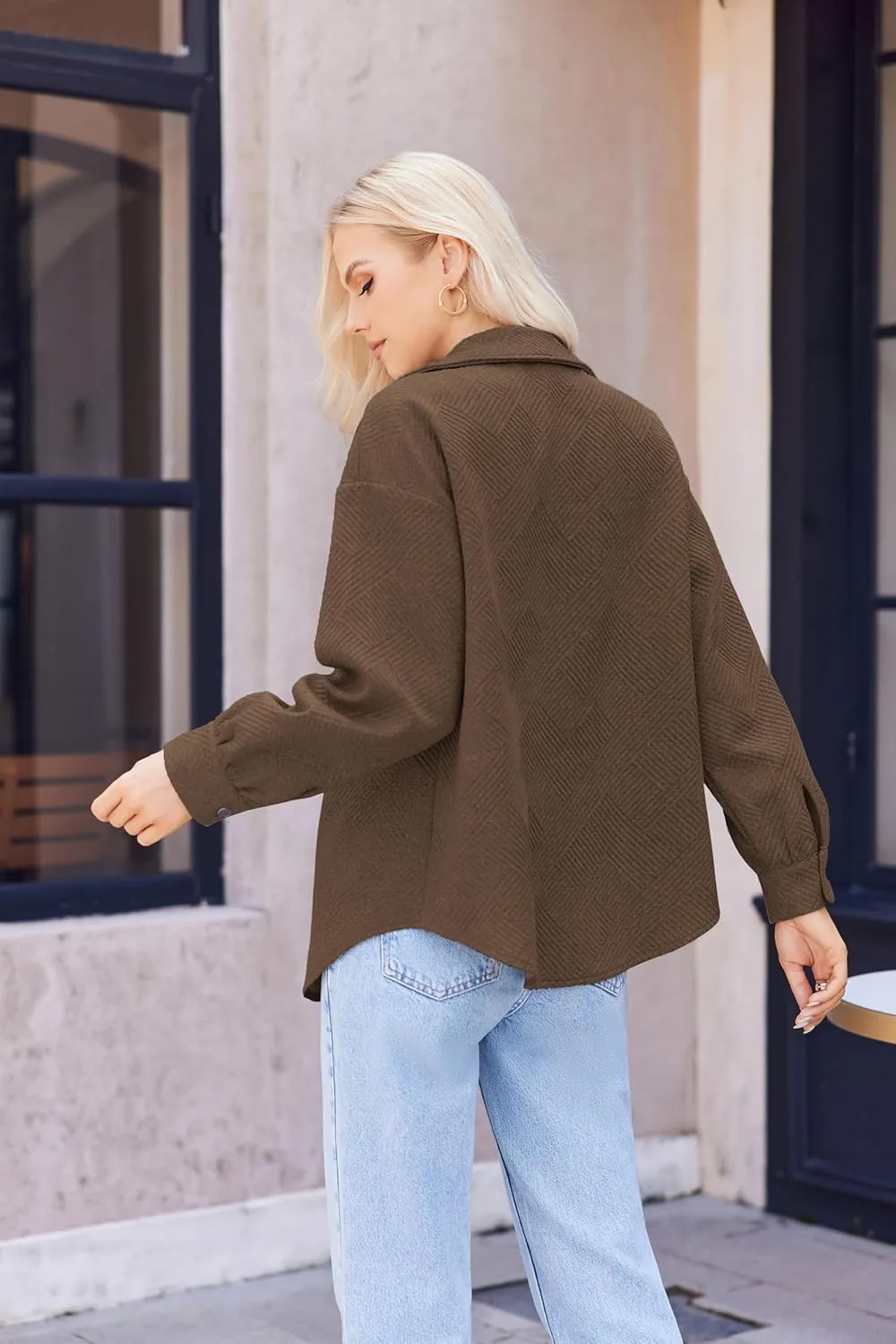 Women Shacket Jacket with Pockets Casual Fall Coat Long Sleeve Shirts Button Down Collared Winnter Clothes