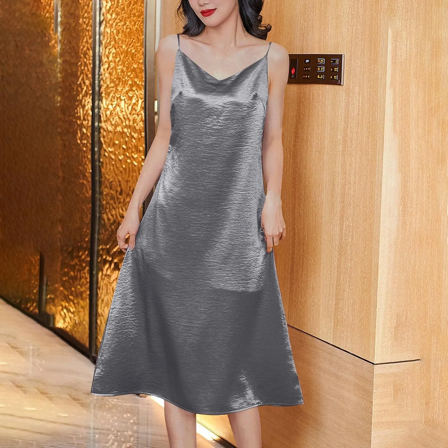 Women Spaghetti Strap Midi Satin Silk Slip Dress Sexy Cowl Neck Party Cocktail Dresses Sling Backless Mermaid Dress