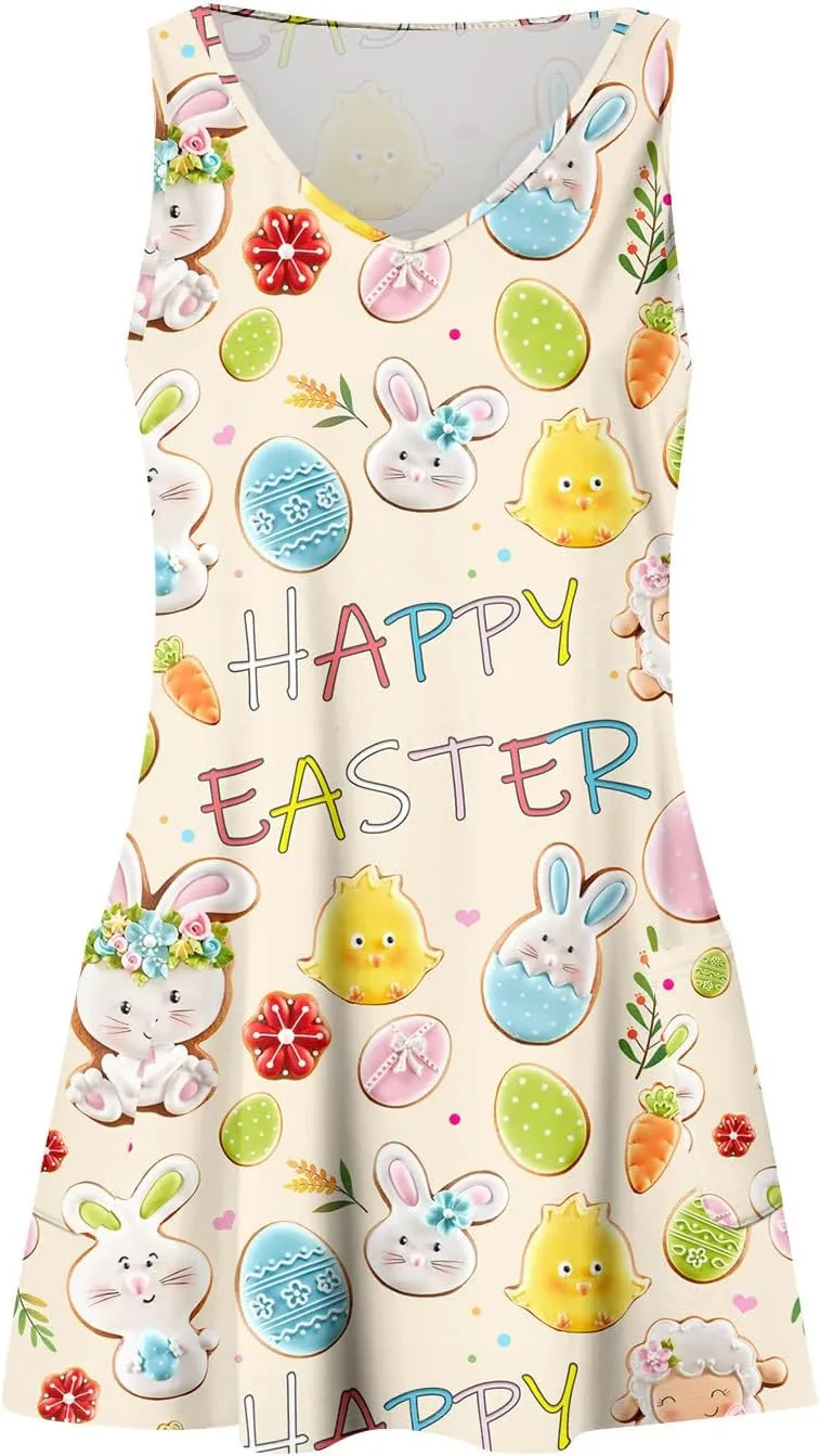 Women Summer Dresses 2025 Beach Swimsuit Coverup Printed V Neck Dress with Pocket Vacation Sleeveless Sundress