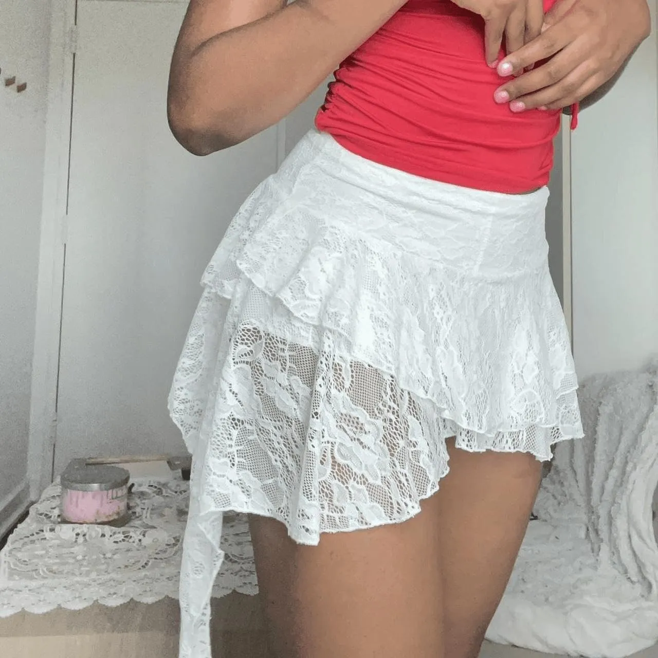 Women Y2k Lace Ruffle Micro Skirt Cute Layered Low Rise Flowy Mini Skirt Sheer Pleated Tiered Shorts Skater Skirts