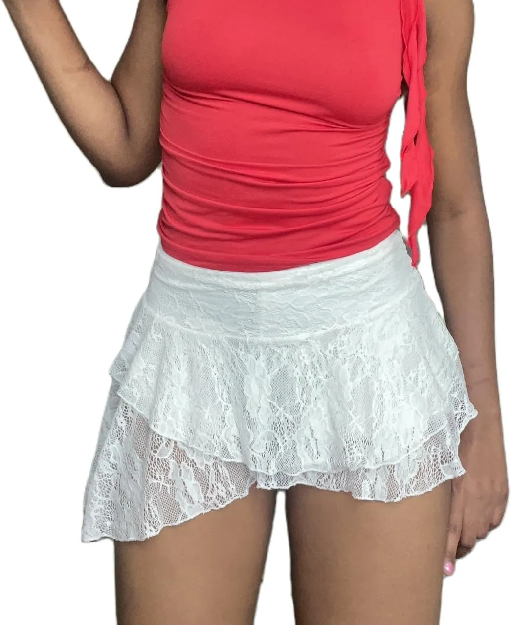 Women Y2k Lace Ruffle Micro Skirt Cute Layered Low Rise Flowy Mini Skirt Sheer Pleated Tiered Shorts Skater Skirts