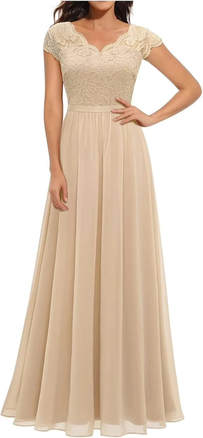 Women's Boho Lace Chiffon Bridesmaid Dresses for Wedding,2025 Elegant Long V Neck Formal Gowns Wedding Guest Dresses