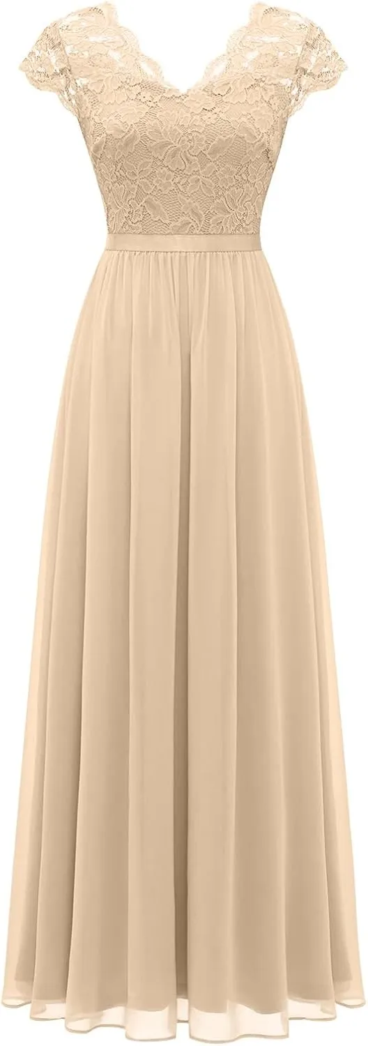 Women's Boho Lace Chiffon Bridesmaid Dresses for Wedding,2025 Elegant Long V Neck Formal Gowns Wedding Guest Dresses
