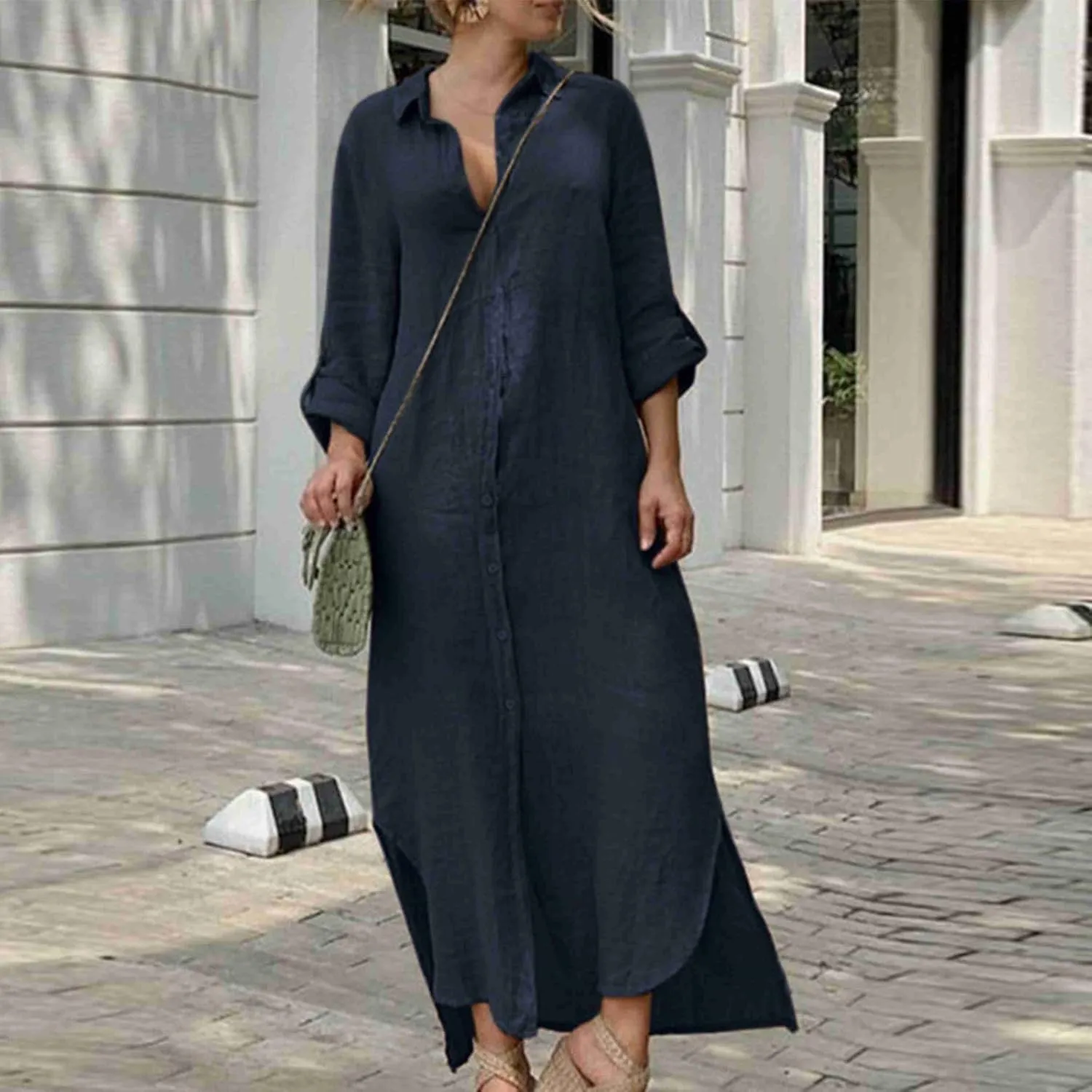Womens Button Down Cotton Linen Maxi Dress Plus Size Dress Casual Long Sleeve V Neck Summer Dresses with Pockets