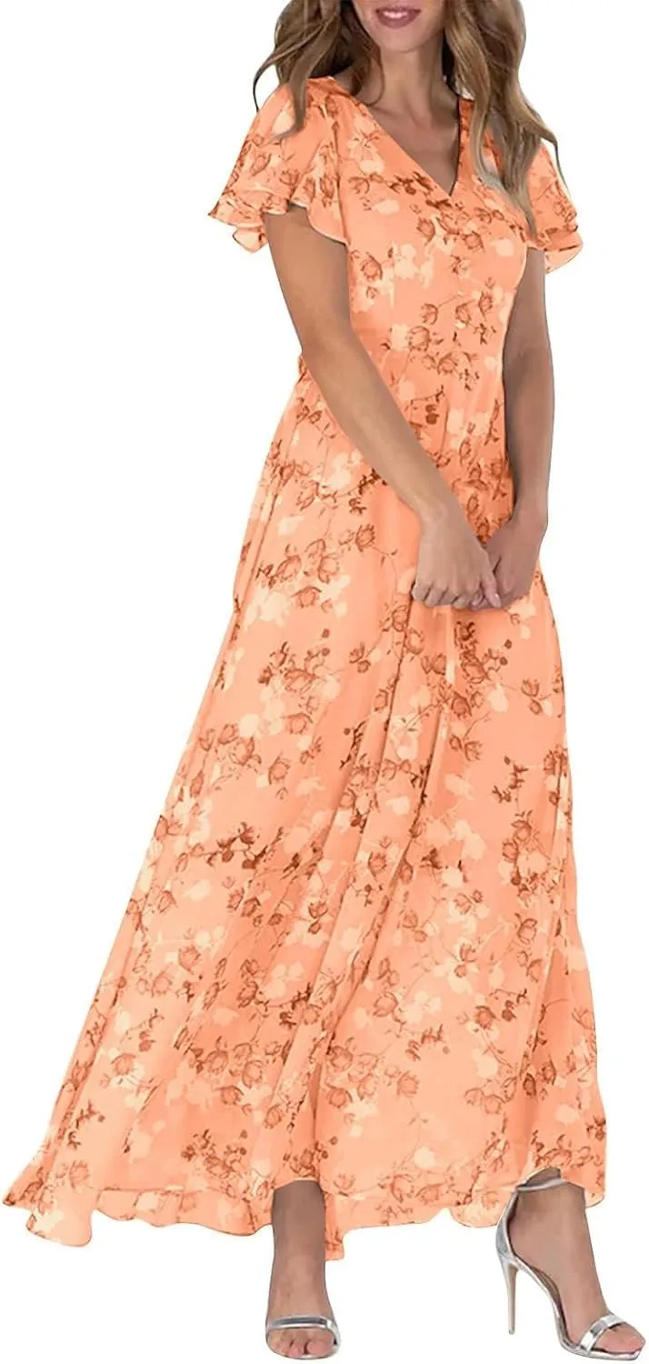 Womens Chiffon Floral Maxi Dress Summer V Neck Short Sleeve Boho Wedding Guest Dress Empire Waist Modest Midi Dresses
