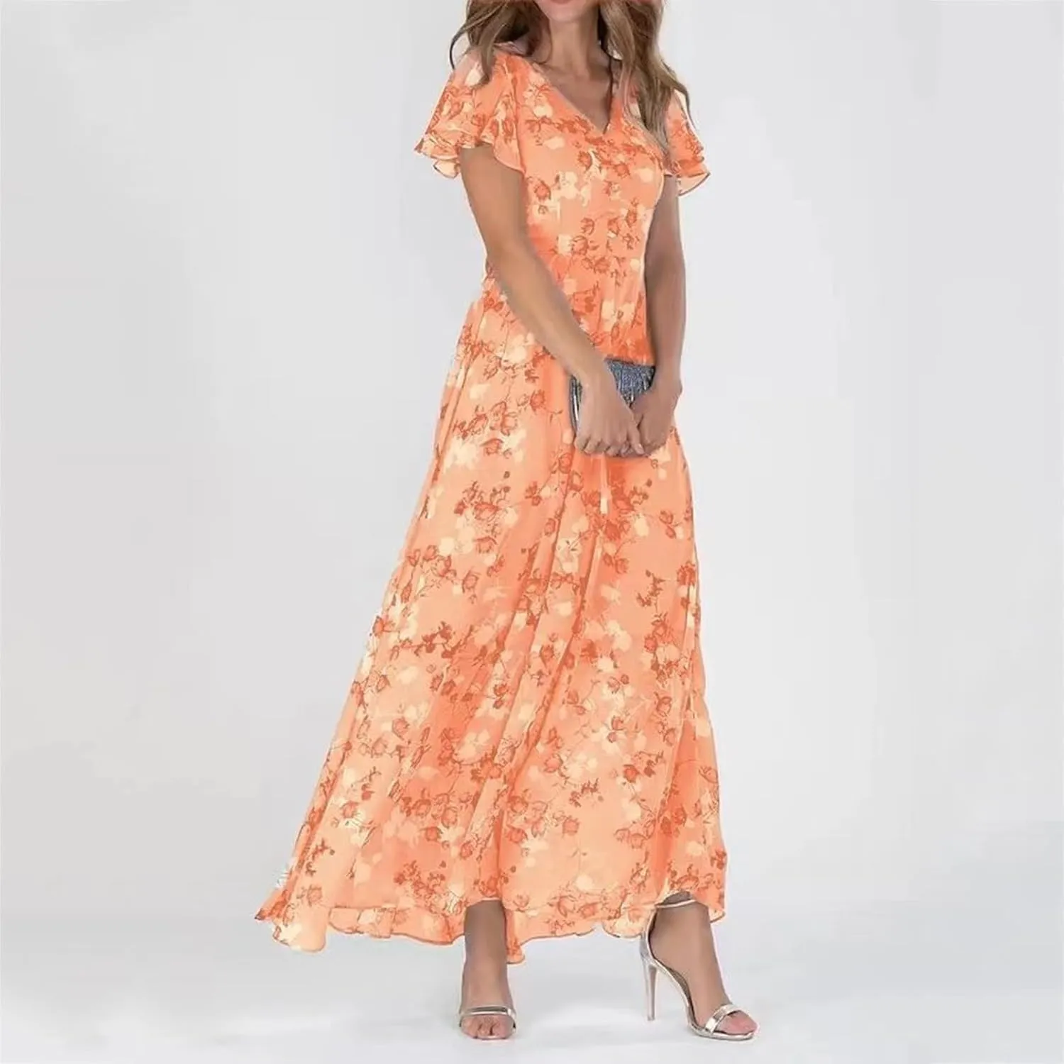 Womens Chiffon Floral Maxi Dress Summer V Neck Short Sleeve Boho Wedding Guest Dress Empire Waist Modest Midi Dresses