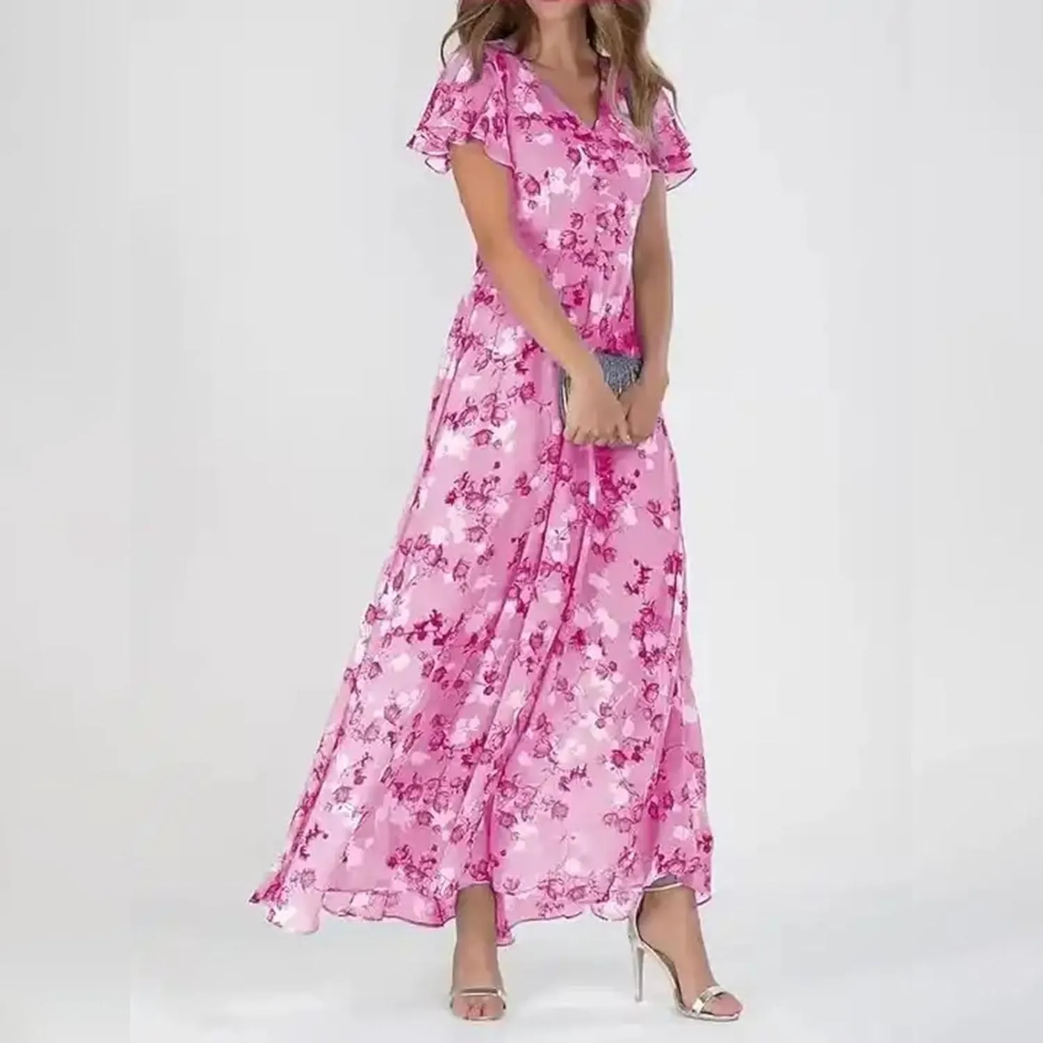 Womens Chiffon Floral Maxi Dress Summer V Neck Short Sleeve Boho Wedding Guest Dress Empire Waist Modest Midi Dresses