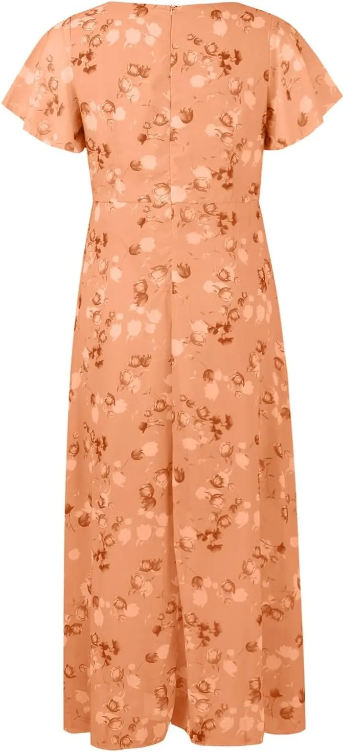 Womens Chiffon Floral Maxi Dress Summer V Neck Short Sleeve Boho Wedding Guest Dress Empire Waist Modest Midi Dresses