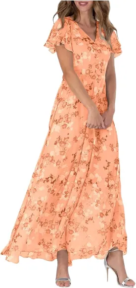 Womens Chiffon Floral Maxi Dress Summer V Neck Short Sleeve Boho Wedding Guest Dress Empire Waist Modest Midi Dresses