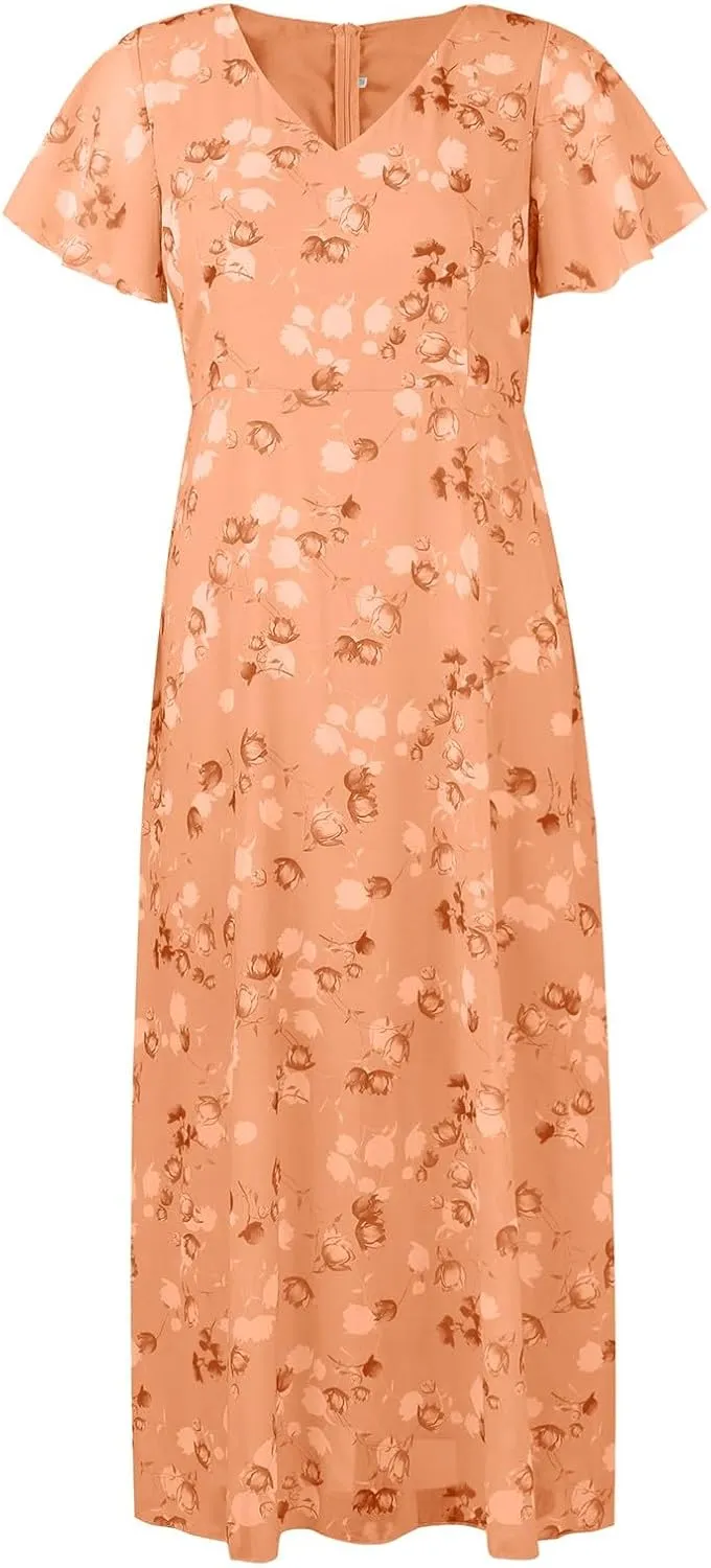 Womens Chiffon Floral Maxi Dress Summer V Neck Short Sleeve Boho Wedding Guest Dress Empire Waist Modest Midi Dresses