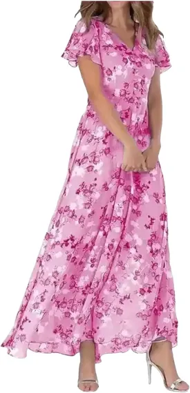 Womens Chiffon Floral Maxi Dress Summer V Neck Short Sleeve Boho Wedding Guest Dress Empire Waist Modest Midi Dresses