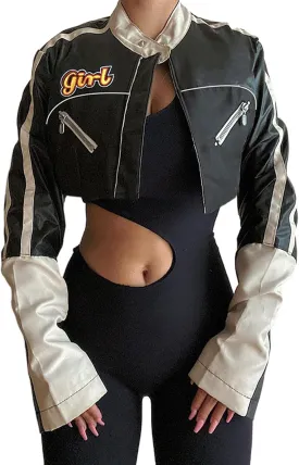 Women's Crop Baseball Jacket Casual Retro Varsity Coat Letters Embroidery Pattern Button-Down Baggy Bomber Jacket
