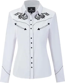 Women's Embroidered Western Cowgirl Slim Fit Shirt Snap Button Down Long Sleeve Shirt with Floral Embroidery