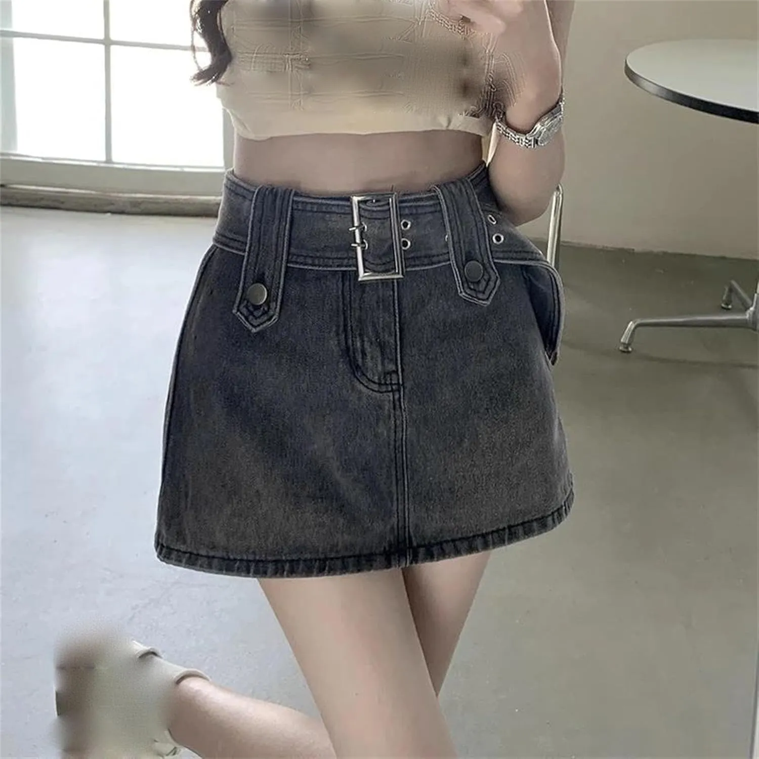 Women's High Waist Denim Mini Skirt with Belt Casual Summer Wide Leg Jeans Shorts A-Line Skirt Street Style Outfits