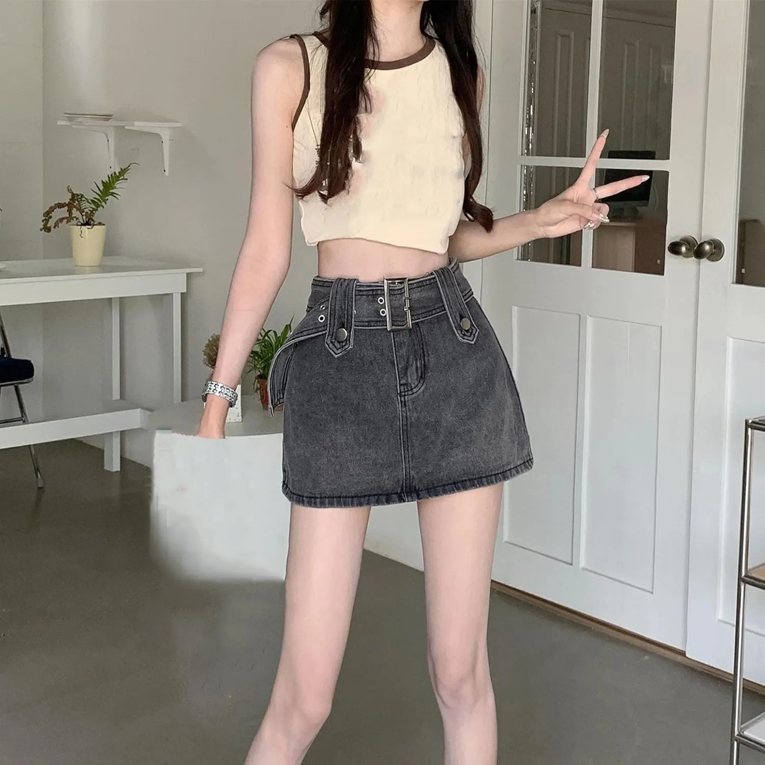 Women's High Waist Denim Mini Skirt with Belt Casual Summer Wide Leg Jeans Shorts A-Line Skirt Street Style Outfits