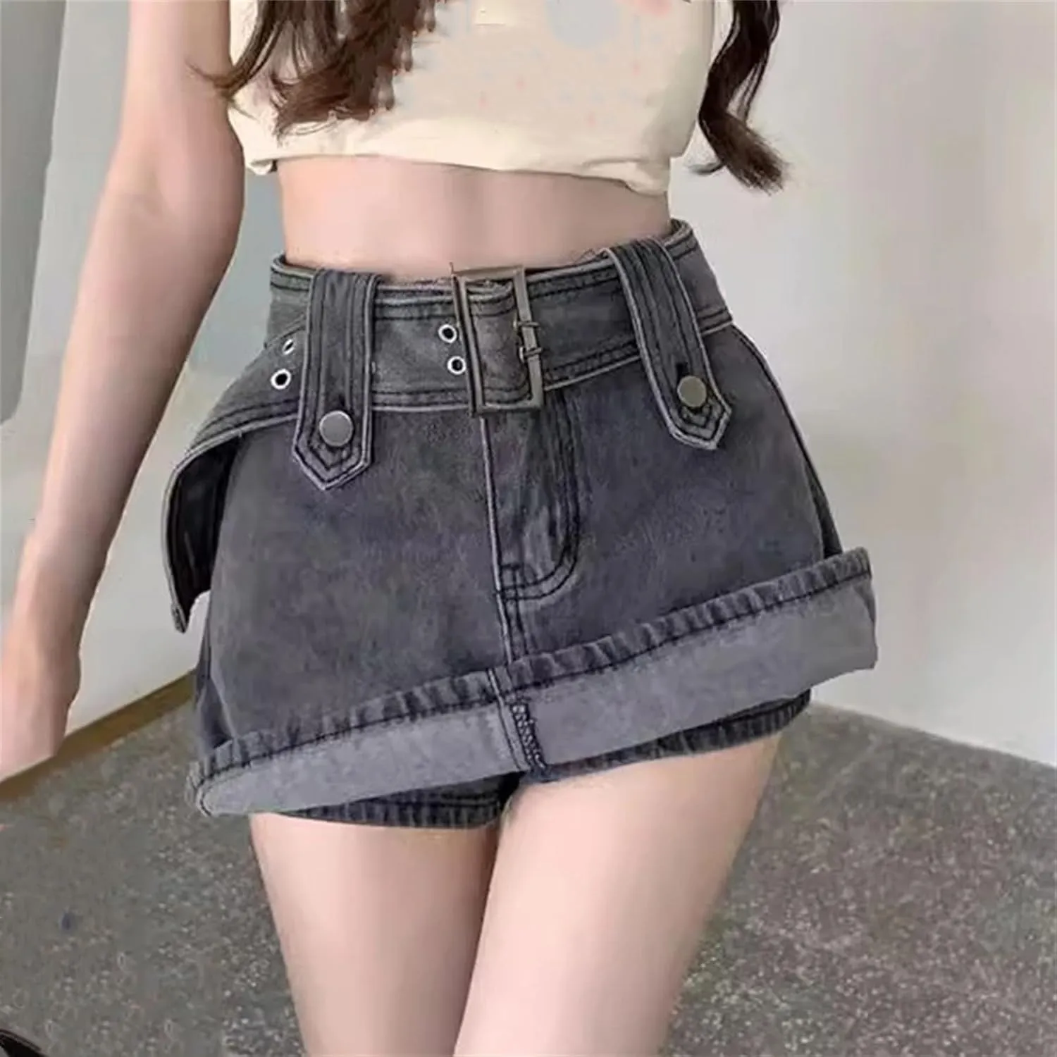 Women's High Waist Denim Mini Skirt with Belt Casual Summer Wide Leg Jeans Shorts A-Line Skirt Street Style Outfits