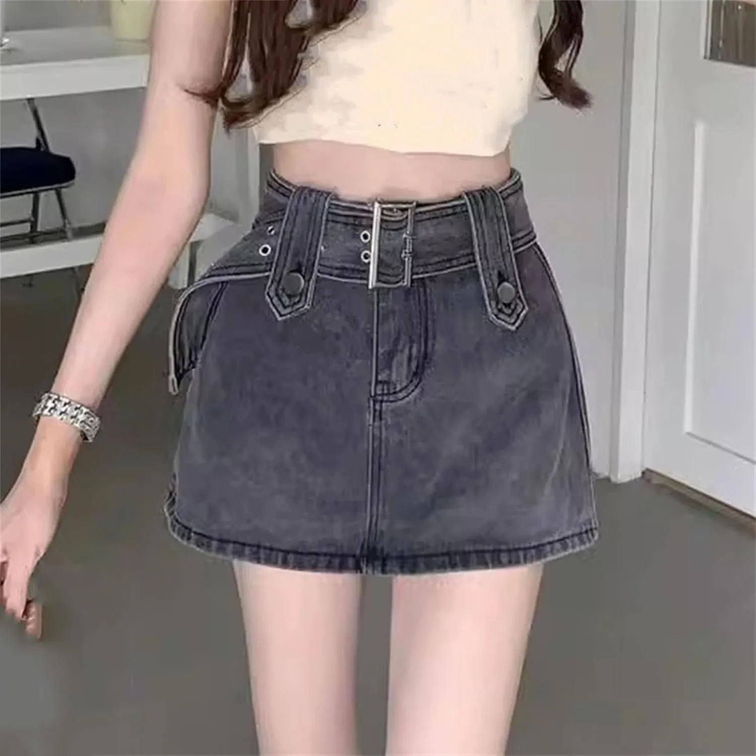Women's High Waist Denim Mini Skirt with Belt Casual Summer Wide Leg Jeans Shorts A-Line Skirt Street Style Outfits