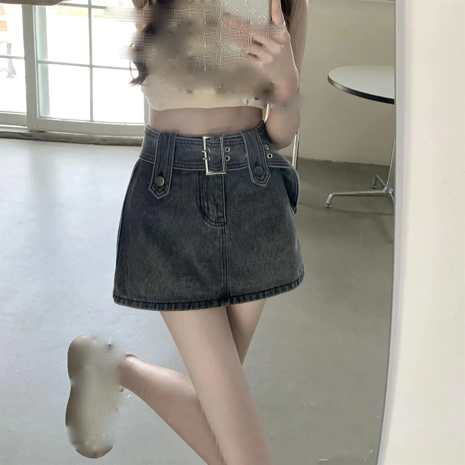 Women's High Waist Denim Mini Skirt with Belt Casual Summer Wide Leg Jeans Shorts A-Line Skirt Street Style Outfits