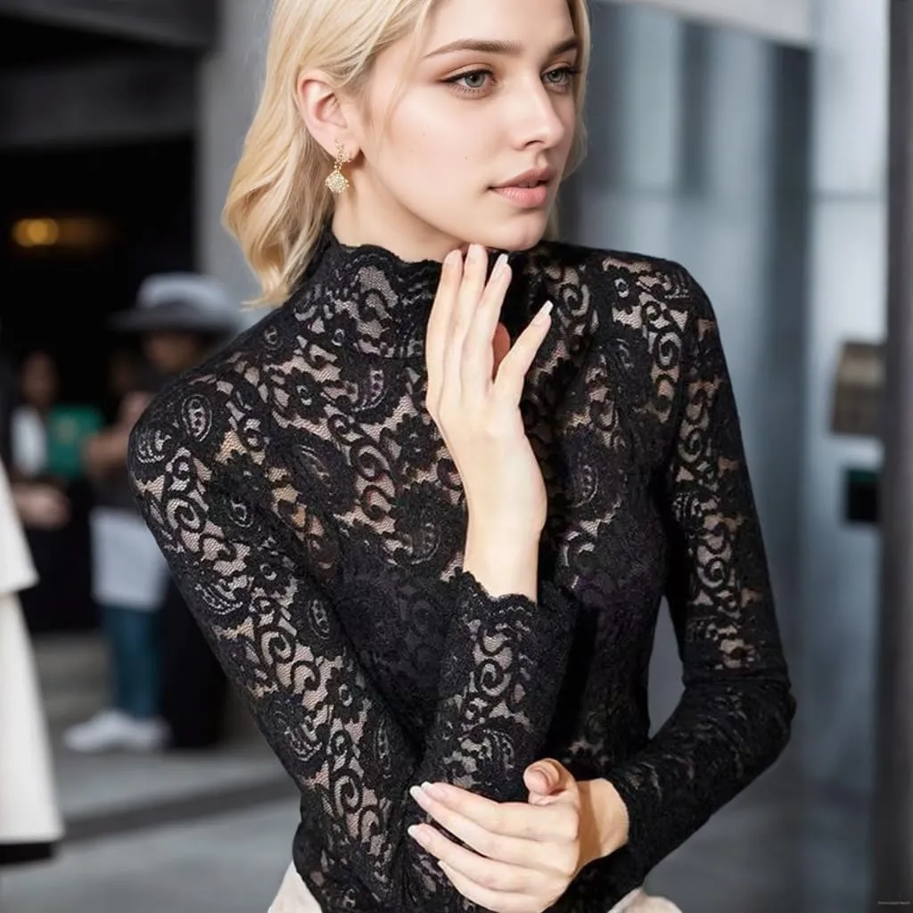Women's Sexy Slim Fitting Long Sleeved Turtleneck Pullover Bottom Shirt Mesh Lace Perspectives T-Shirt Top