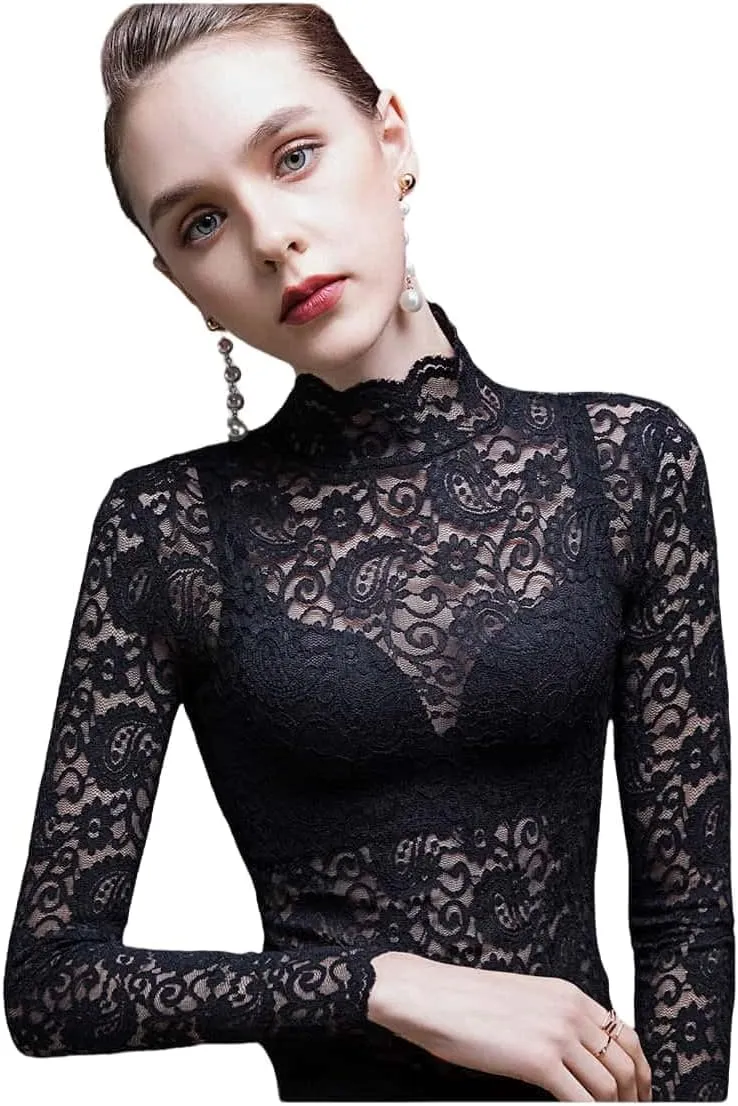 Women's Sexy Slim Fitting Long Sleeved Turtleneck Pullover Bottom Shirt Mesh Lace Perspectives T-Shirt Top