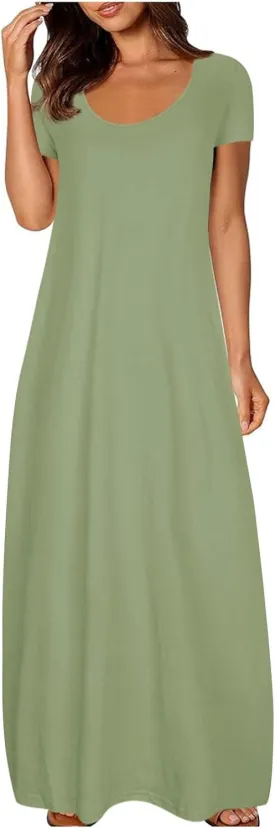 Women's Short Sleeve Maxi Dress Summer Casual T Shirt Dresses Scoop Neck Loose Fit Casual Long Sundress with Pocket