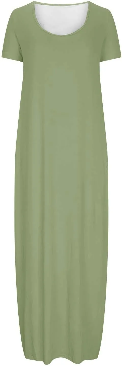 Women's Short Sleeve Maxi Dress Summer Casual T Shirt Dresses Scoop Neck Loose Fit Casual Long Sundress with Pocket