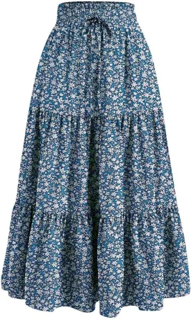 Women's Smocked High Waist Maxi Boho Skirts Casual Beach Vacation Long Skirt with Pockets A-Line Flowy Swing Skirts