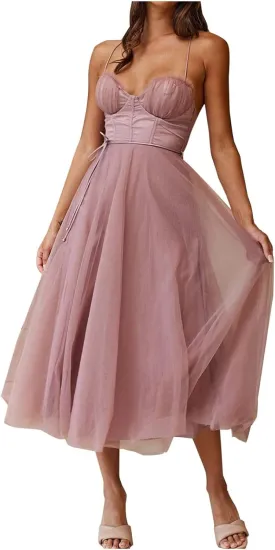 Womens Spaghetti Straps Tulle Prom Dress Tea Length Formal Party Evening Dress Flowy Wedding Guest Bridesmaid Dresses