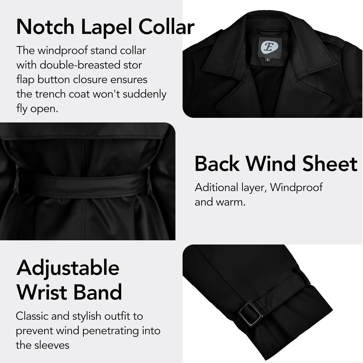 Women's Windproof Double-Breasted Trench Coat Knee-Length Trench Jacket Water-Repellent Outwear with Removable Hood