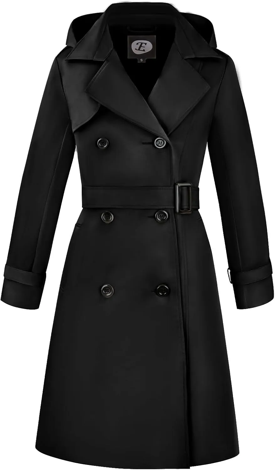 Women's Windproof Double-Breasted Trench Coat Knee-Length Trench Jacket Water-Repellent Outwear with Removable Hood