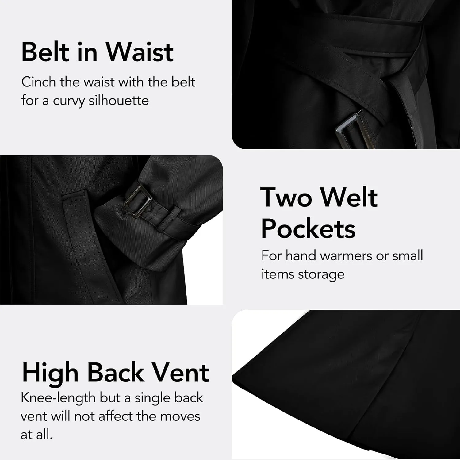 Women's Windproof Double-Breasted Trench Coat Knee-Length Trench Jacket Water-Repellent Outwear with Removable Hood