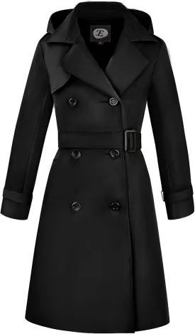 Women's Windproof Double-Breasted Trench Coat Knee-Length Trench Jacket Water-Repellent Outwear with Removable Hood