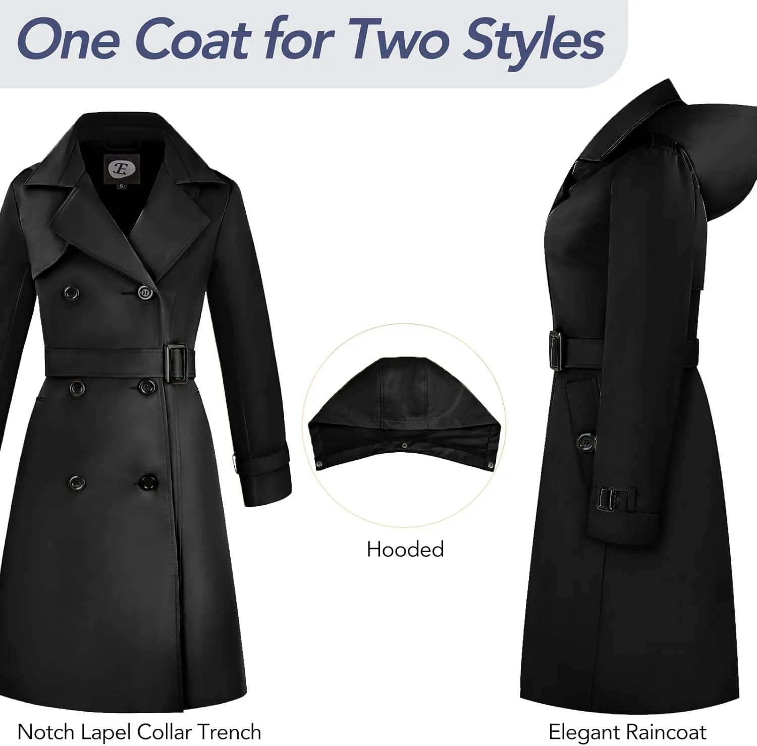 Women's Windproof Double-Breasted Trench Coat Knee-Length Trench Jacket Water-Repellent Outwear with Removable Hood