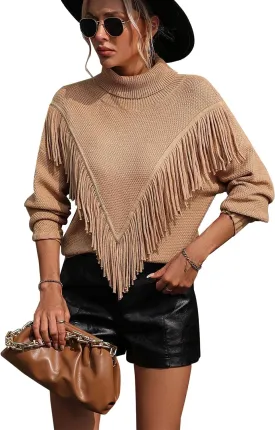 yoeasy Women's Fringe Trim Turtleneck Long Seeve Sweater Knit Loose Pullover Sweater