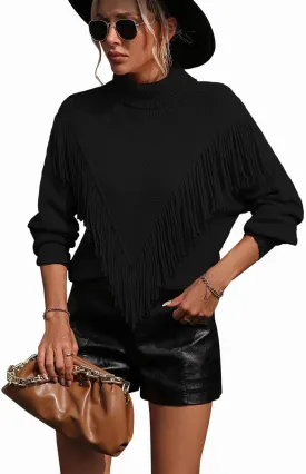 yoeasy Women's Fringe Trim Turtleneck Long Seeve Sweater Knit Loose Pullover Sweater