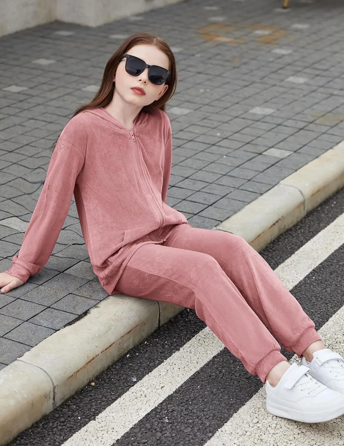 Zaclotre Girls Velour Tracksuits 2 Piece Outfits Zip Up Hoodie and Jogger Sweatpant Sweatsuits Athletic Clothing Sets