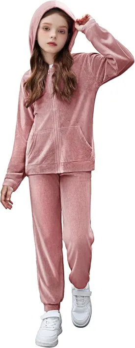 Zaclotre Girls Velour Tracksuits 2 Piece Outfits Zip Up Hoodie and Jogger Sweatpant Sweatsuits Athletic Clothing Sets