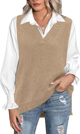 Zeagoo Sweater Vest Women Sleeveless V Neck Oversized Pullover Knitted Tops 2024 Fall Outfits