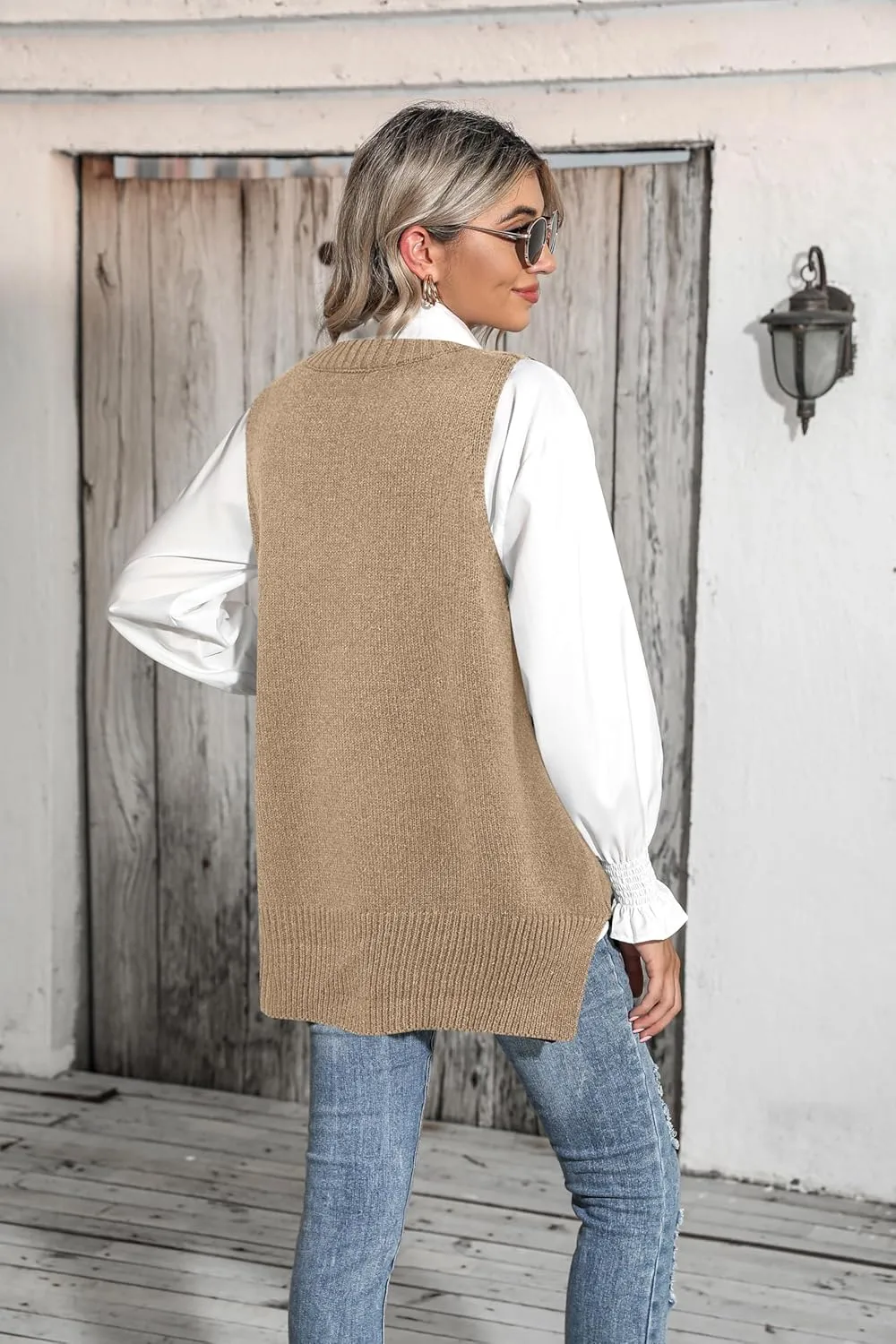 Zeagoo Sweater Vest Women Sleeveless V Neck Oversized Pullover Knitted Tops 2024 Fall Outfits