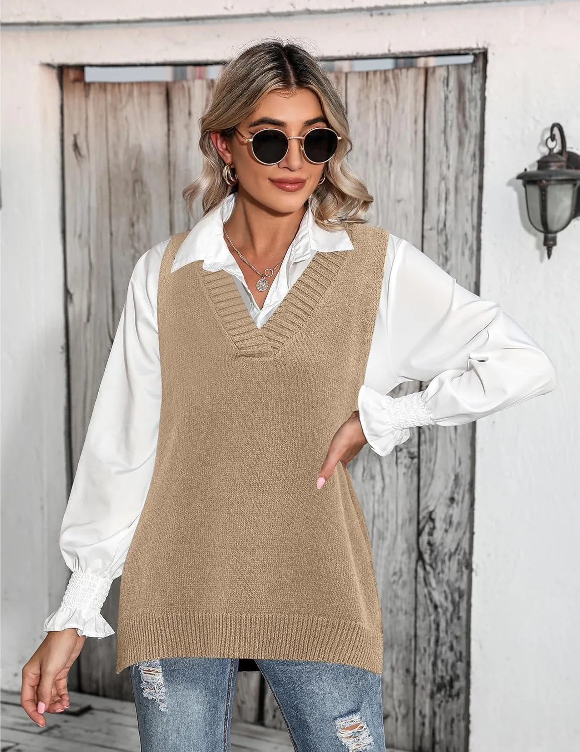 Zeagoo Sweater Vest Women Sleeveless V Neck Oversized Pullover Knitted Tops 2024 Fall Outfits